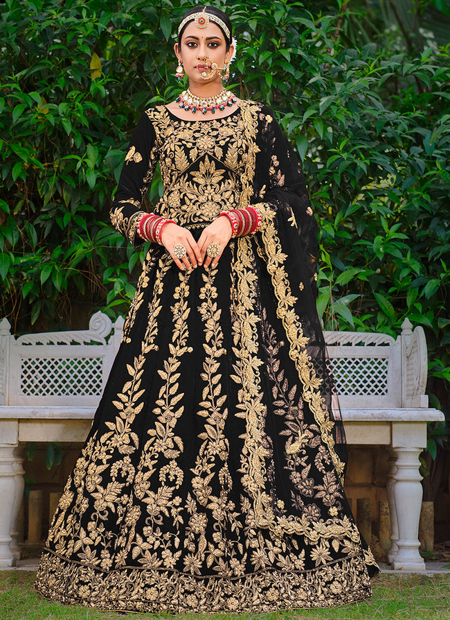 Taffeta Silk Black & Golden Embroidered Semi Stitched Gown | Gowns,  Embroidered gown, Fancy gowns
